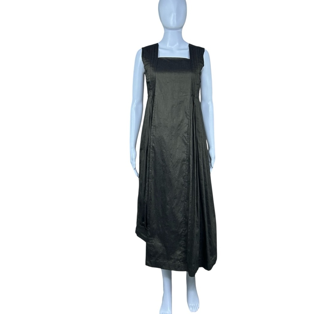 Malloni Square Neck Linen Pleated Asymmetrical Shift Midi Dress Lagenlook Sz 6